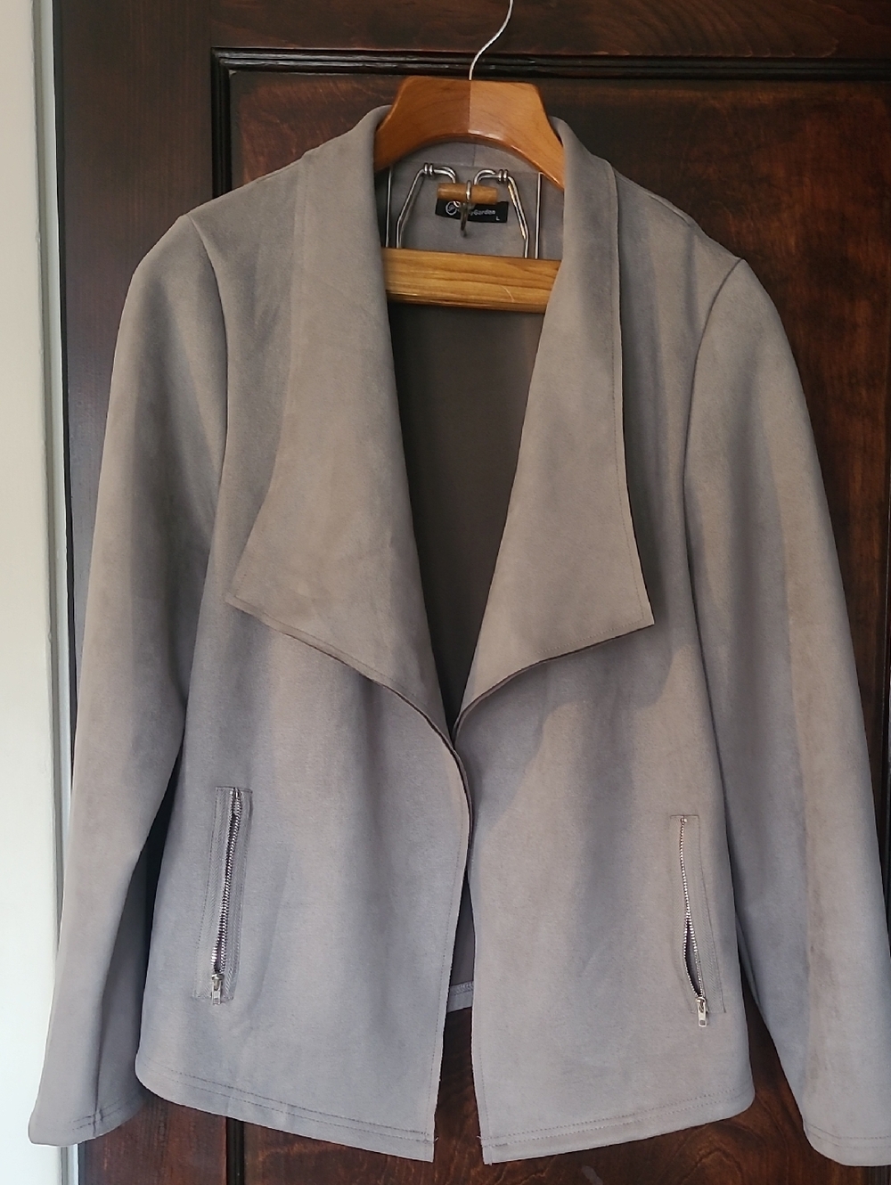 Light Gray Suede-Look Open Front Jacket by Ceri